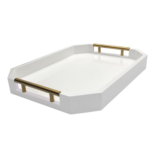 Serving Tray with Polished Metal Handles, Hexagon Coffee Table Tray, Modern Rectangle Decorative Tray, Large Ottoman Tray, Perfect for Storage and Display (White Rectangle) - color: White Rectangle