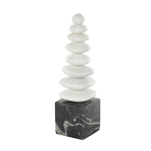 Deco 79 Marble Abstract Decorative Sculpture Stacked Stone Home Decor Statue with Black Block Base, Accent Figurine 3" x 4" x 12", White - size: 3" x 4" x 12"