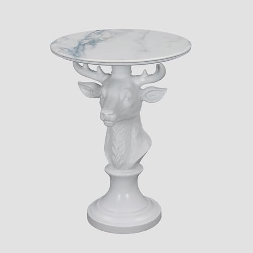 Modern Accent TableLiving Room White Deer Statue Contemporary‌ Faux Marble Night Stand Side Table with White Deer Base Reception Area & Bedroom（Width 19.69" ——Tall 25.59"） - style: White Deer Statue Table