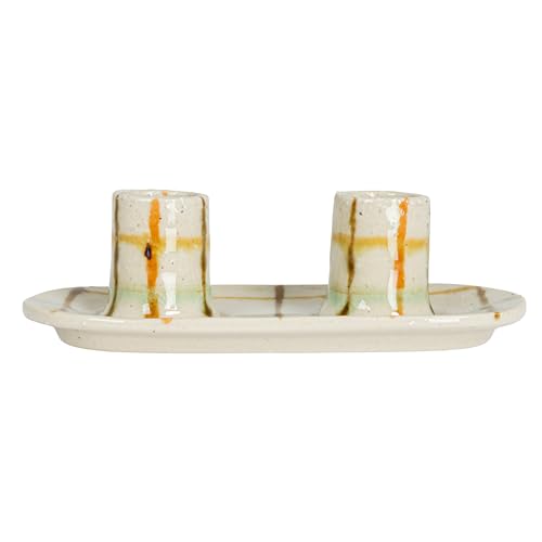 Creative Co-Op Checkered Charm Stoneware Taper Holders, Multicolor - style: Taper Holder