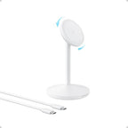 Anker MagGo iPhone 17 MagSafe Charger Compatible Stand, 15W Fast Magnetic Wireless Charging Station, Qi2 Certified 360° Wireless Charger (White, with Cable) - color: White