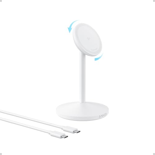 Anker MagGo iPhone 17 MagSafe Charger Compatible Stand, 15W Fast Magnetic Wireless Charging Station, Qi2 Certified 360° Wireless Charger (White, with Cable) - color: White