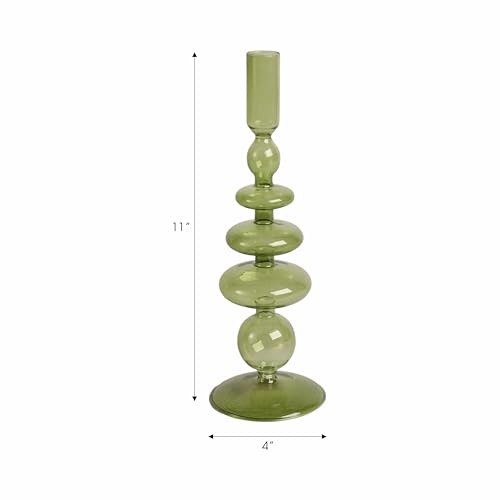 Vintage Glass Candle Holder for Pillar Candles – Taper Candle Holders for Table Decor, or Living Room – Stacked Disc and Sphere Design Candlestick Holders, Boho Home Decor – 11", Green - color: Green, size: 11.0" H