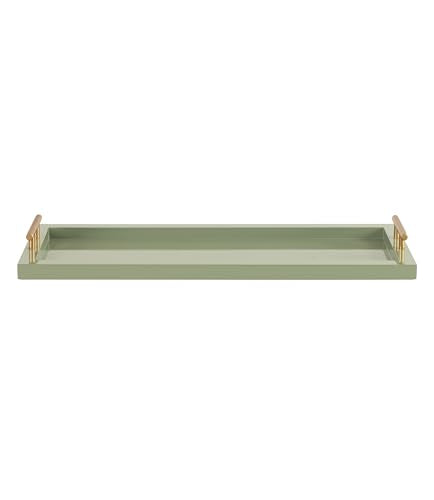 Kate and Laurel Halsey Rectangle Decorative Narrow Tray with Gold Metal Handles; 24 x 10; Green and Gold; Modern Glam Slim Serving Tray with Handles for Living Room Decor