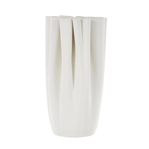 Deco 79 Ceramic Abstract Decorative Vase Ribbed Dimensional Folded Centerpiece Vase with Compact Wavy Rim, Flower Vase for Home Decoration 6" x 6" x 11", White - color: White, size: 6" x 6" x 11"