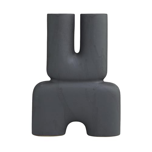 Deco 79 Ceramic Abstract Dual Opening U-Shaped Vase with Glossy Speckled Texture, 11" x 4" x 15", Black - color: Black