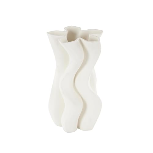 Deco 79 Ceramic Abstract Decorative Vase Ribbed Dimensional Wavy Centerpiece Vase with Floral Shaped Rim, Flower Vase for Home Decoration 5" x 6" x 10", White - color: White, size: 5" x 6" x 10"
