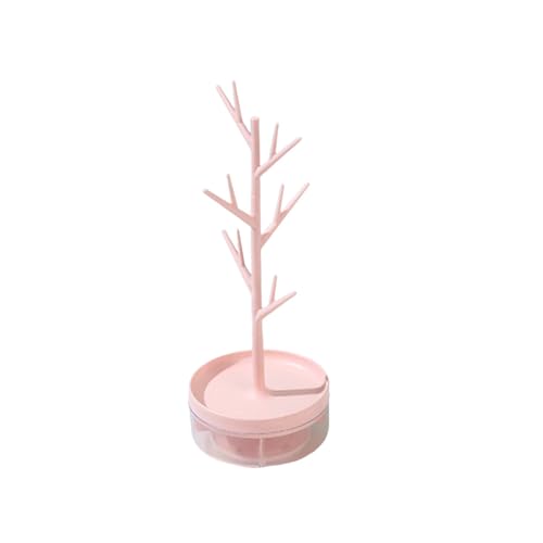 Branch Jewelry Display Stand with Rotatable Base and Storage Box, Small Earring Necklace Tree Tower Rack Holder, Hair Tie Holder Hanging Organizer for Ring Bangles Bracelet Watch (Pink)