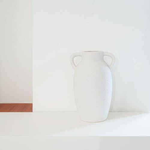 Wild Works Bailey Handmade Vase with 2 Ear Design 9.6'' Tall Ceramic Vase Retro Wabi-Sabi Style Floral Arrangement Vase Living Room Ceramic Flower Holder Hydroponic Planting（White