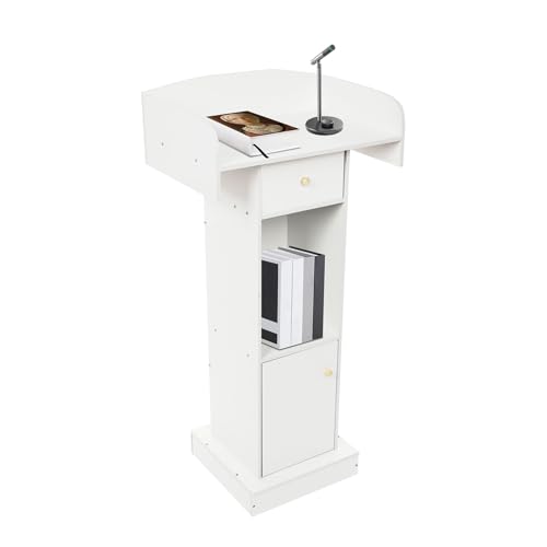 Wooden Podium Stand, 48.8 Inches Host Stand Restaurant Portable Speaking Lectern Stand with Drawer Capacity 44.09lbs Pulpit with Wooden Heavy Base for Schools, Churches, Auditoriums - color: Warm White