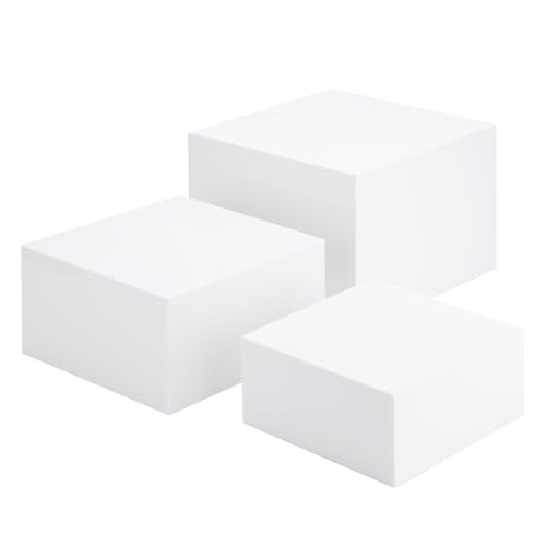 Clisela 3pcs Acrylic Cube Display Stands Box Risers with Hollow Bottoms, Food Risers for Buffet Table, Decorative Display Stand Shelf for Dessert Collectibles Jewelry Figures Show - White 6" 7" 8" - size: (6,7,8)"- White