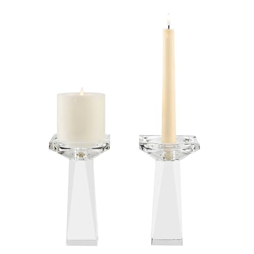 Crystal Taper/Pillar Candle Holders Set of 2, Heavy Solid Hand Cut Candle Stands Set, 6.3 Inches Height, Table Centerpiece Home Decor for Wedding, Dining, Party, Clear