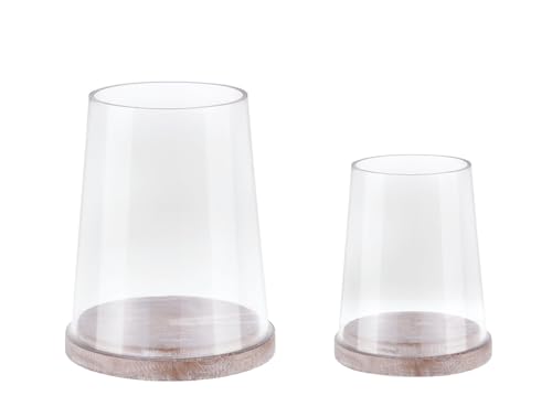 Set of 2 Glass Hurricane Candle Holders with Handmade Sturdy Glass Sleeves and Shabby Brown Wood Base for Pillar Candle & Plants, Industrial, Farmhouse, Display Cloche Bell Jars, Table Centerpiece - color: Rustic Brown, size: Set of 2