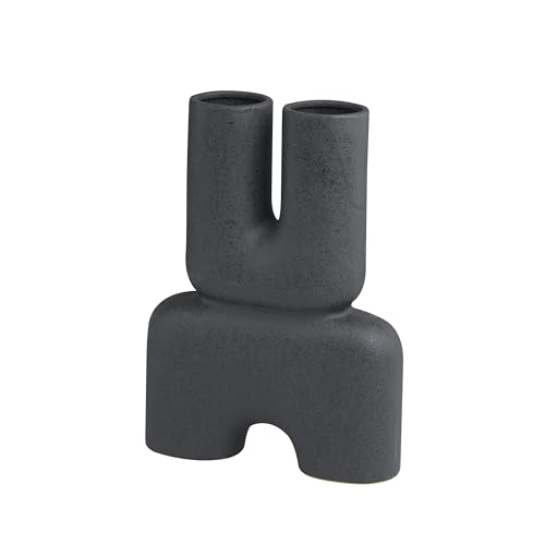 Deco 79 Ceramic Abstract Dual Opening U-Shaped Vase with Glossy Speckled Texture, 11" x 4" x 15", Black - color: Black