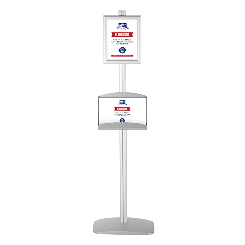 M&T Displays Free Standing Aluminum Display Stand Single Sided Document Brochure Sign Holder Front Loading Portrait Landscape Silver Snap Frame 1x(8.5x11) - Metal Tray Shelf 2X(5.5x8.5) Inch Capacity