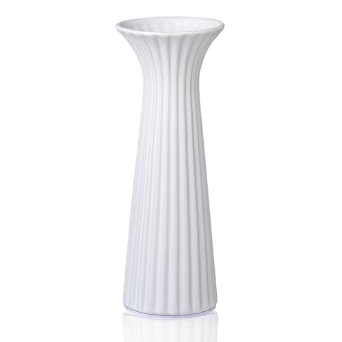 White Ceramic Vase for Home Decor, Small Ribbed Flower Vase for Pampas Grass, Modern Farmhouse Decorative Vases for Coffee Table, Bedroom, Living Room, Kitchen, Bookshelf & Centerpiece - color: White