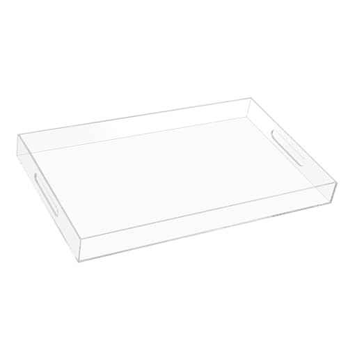 18×16 Inch Clear Acrylic Serving Tray with Handles Extra Large Ottoman Tray Decorative Tray Spill-Proof Coffee Table Space Saver Oversize Counter top Organizer Platter with Safe Edge - color: Clear, size: 18" x 16" x 2"