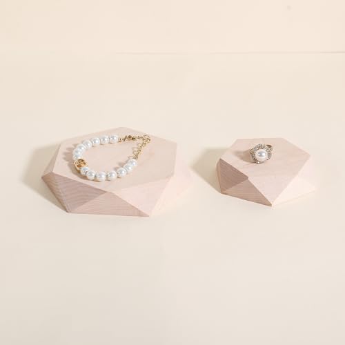 GemeShou 2pcs Wooden Jewelry display tray, Hexagon jewelry display riser, Jewelry retail shop photography props【Beech Hexagon tray-2pcs】