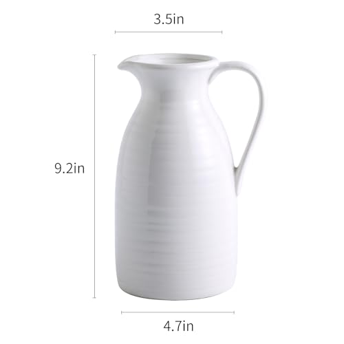 hjn Farmhouse Pitcher Vase for Flowers- Ceramic Pitcher White Flower Vase for Your Kitchen/Home Decor/Office/Living Room/Bookshelf/Mantel/-White - color: White - Pitcher Vase