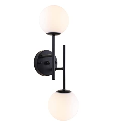 BYOLIIMA Black Globe Wall Sconces, 2-Light Modern Matte Black Vanity Lights with White Globe Glass Shade, Industrial Farmhouse Wall Lamp for Bedroom, Living Room, Kitchen, Bathroom - color: Black