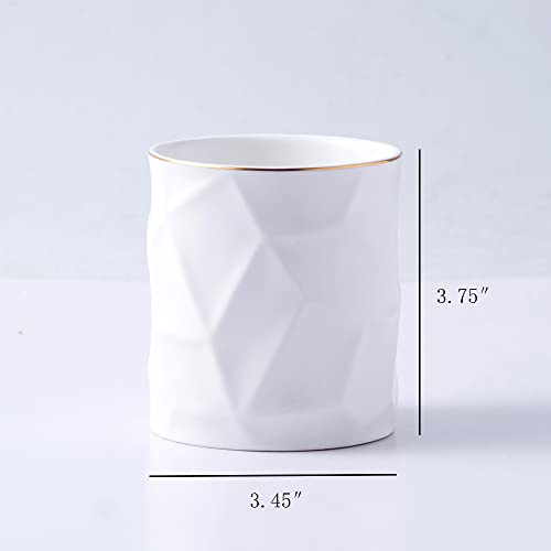 Ceramic Irregular Round Pen Holder For Desk Cute Stand Gold Line Pencil Cup Pot Desk Organizer for Girls Makeup Brush Holder (White) - color: White