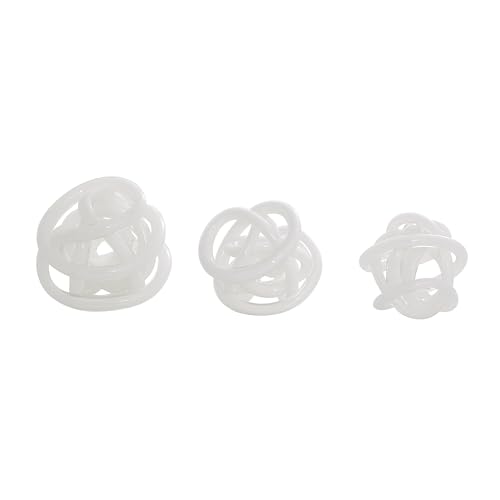 Deco 79 Glass Abstract Handmade Decorative Sculpture Iridescent Knotted Ball Home Decor Statues, Set of 3 Accent Figurines 5", 4", 4"W, White - color: White