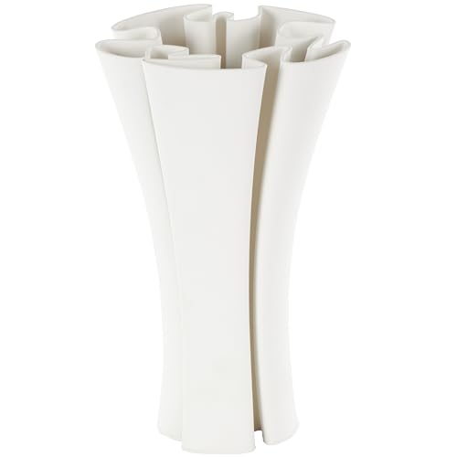 Deco 79 Ceramic Abstract Decorative Vase Ribbed Dimensional Folded Centerpiece Vase with Curvy Rim, Flower Vase for Home Decoration 8" x 7" x 15", White - color: White, size: 8" x 7" x 15