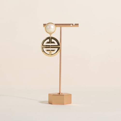Golden earring display stand for selling, Metal earring T bar holder for show, Jewelry earring storage organizer, jewelry photography props (Hexagon base-Golden-High) - color: Gold, size: High