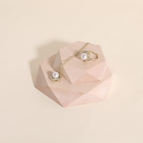 GemeShou 2pcs Wooden Jewelry display tray, Hexagon jewelry display riser, Jewelry retail shop photography props【Beech Hexagon tray-2pcs】