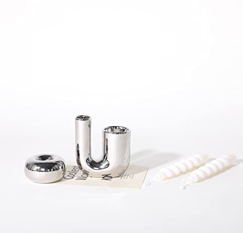 Silver Candlestick Holders, Decorative Taper Candle Holder Set Decor for Table Centerpiece Fireplace, Modern Silver Candle Holders Set, Aesthetic Ceramic Candle Stick Holder