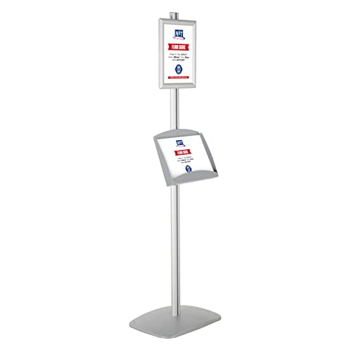 M&T Displays Free Standing Aluminum Display Stand Single Sided Document Brochure Sign Holder Front Loading Portrait Landscape Silver Snap Frame 1x(8.5x11) - Metal Tray Shelf 2X(5.5x8.5) Inch Capacity