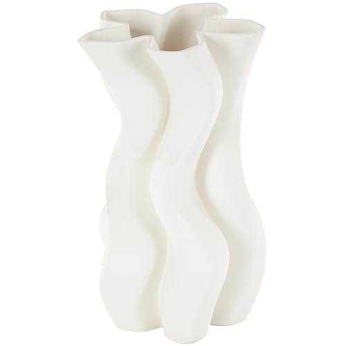Deco 79 Ceramic Abstract Decorative Vase Ribbed Dimensional Wavy Centerpiece Vase with Floral Shaped Rim, Flower Vase for Home Decoration 5" x 6" x 10", White - color: White, size: 5" x 6" x 10"
