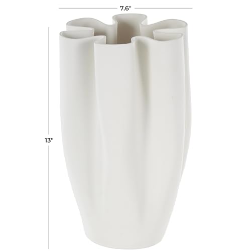 Deco 79 Ceramic Abstract Decorative Vase Ribbed Dimensional Folded Centerpiece Vase with Floral Shaped Rim, Flower Vase for Home Decoration 8" x 7" x 13", White - color: White, size: 8" x 7" x 13"