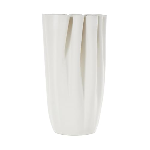 Deco 79 Ceramic Abstract Decorative Vase Ribbed Dimensional Folded Centerpiece Vase with Compact Wavy Rim, Flower Vase for Home Decoration 6" x 6" x 11", White - color: White, size: 6" x 6" x 11"