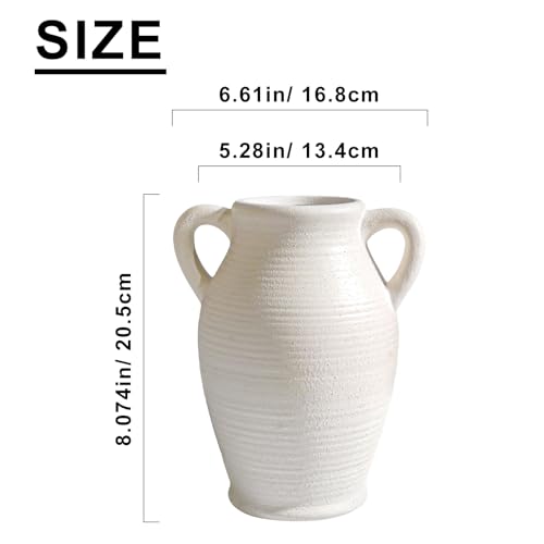 Sunddo White Ceramic Vase for Home Decor, 8 inch Farmhouse Flower Vase with 2 Handles, Rustic Boho Pottery for Room Decor Aesthetic, Bathroom Table Fireplace Decorative - color: Rustic White - 8, size: 8 Inch