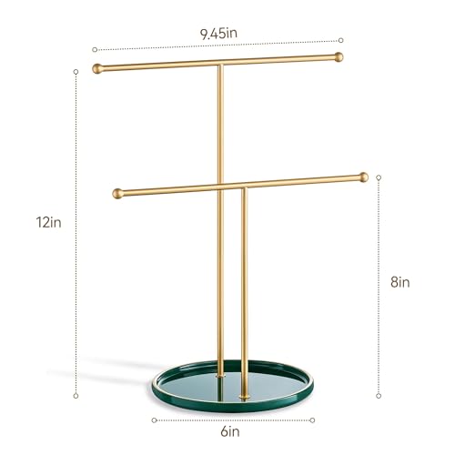 Gold Jewelry Holder Stand with Ceramic Tray: Small Hanging Necklace Organizer Tree for Earrings, Bracelets, Rings – Jewelry Display Hanger for Women & Girls, Green - color: green tray gold bar