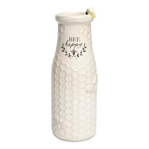 Young's Inc. Ceramic Flower Vase (Bee Happy) - White Ceramic Vase - Honeycomb Decor - 3" L x 3" W x 8" H Contains one Flower vase - color: Vase ("Bee Happy")