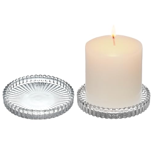 2 Pack Glass Pillar Candle Holders 4 Inch Ribbed Edge Design Decorative Candle Plate with Serrated Edges Crystal Clear Display Stand for Wedding Home Decor Table Centerpieces - color: Clear