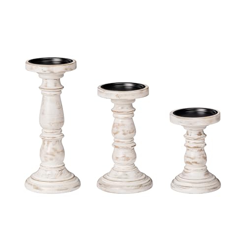JFY Designs Hand Carved Solid Wood Candle Holder Set of 3 - Pillar Candle Holders Decorative Candlestick Holder for Home Décor, Wedding, Dinning, Party - color: White Wash