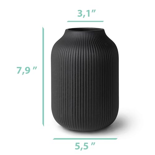 flature Ceramic Vase with Grooves - Waterproof Flower Vase in Matte Black for Fresh Flowers, Dried Flowers, Pampas Grass, Large 7.9" Tall Vase as a Gift, Decoration for Living Room, Bedroom, Office. - color: Black