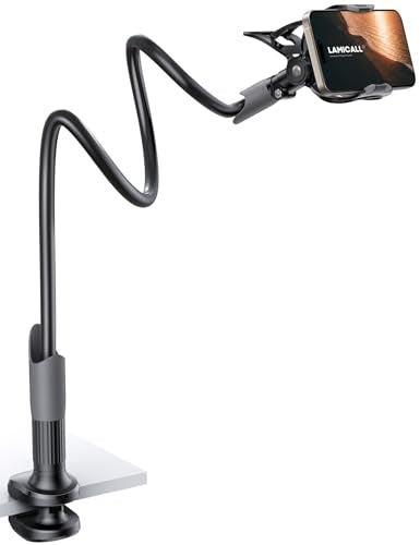 Lamicall Gooseneck Phone Holder for Bed - Cell Phone Mount Clamp Clip, Flexible Long Arm, Overhead Mount for Desk Headboard Bedside, Gifts for iPhone Air 17 Pro Max, 16 15 14 Pro Max and 4-7" Phone - color: Black