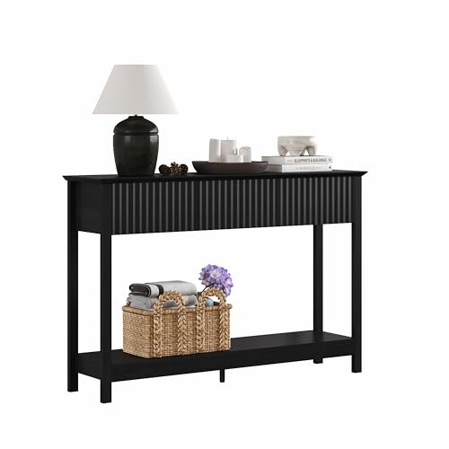 Treocho 47" Fluted Console Table with 3 Drawers, Narrow Long Entryway Table with Storage and Shelf, 2-Tier Sofa Table Behind Couch Accent Tables for Entrance Foyer, Hallway, Living Room, Black - color: Black