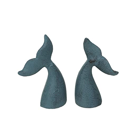 Set of 2 Nautical Cast Iron Whale Tail Decorative Bookends - Coastal Themed Shelves, and Beach House - Rustic Blue Enamel Finish - Organize and Beautify Your Space - color: Whale Tail - Blue