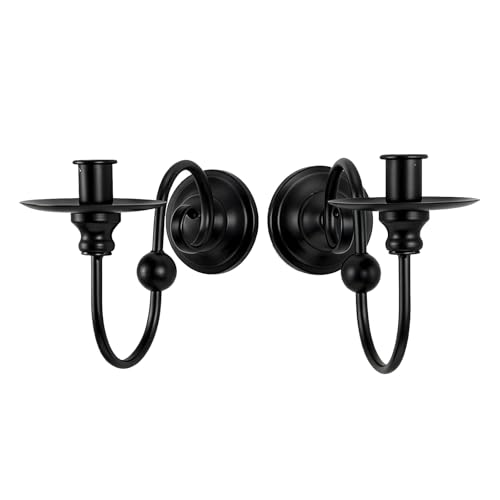 Set of 2 Black Wall Sconces Candle Holder - Modern Farmhouse Iron Scroll Wall Decor for Living Room, Dining Room & Bathroom - Vintage Metal Wall Art Sconce for Pillar Candles (8.6" x 5.9" x 3.5")