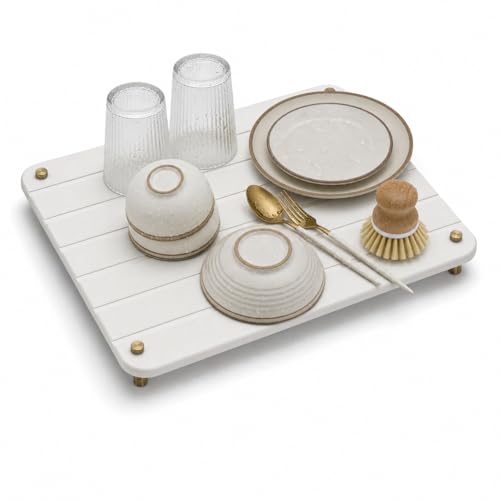 Razborci Stone Dish Drying Mat for Kitchen Counter, Water Absorbing Bathroom Tray Sink Organizer, Diatomaceous Earth Countertop Dish Rack Riser Sponge Holder Soap Dish, Gold White, 16" x 12" - color: 1. Gold - White, size: 16" x 12" x 1"