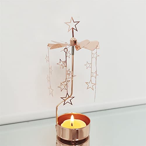 kingnero Rotary Candle Holder Spinning Candleholder Tea Light Candle Powered Carousel Small Gift (Rose Gold Star)