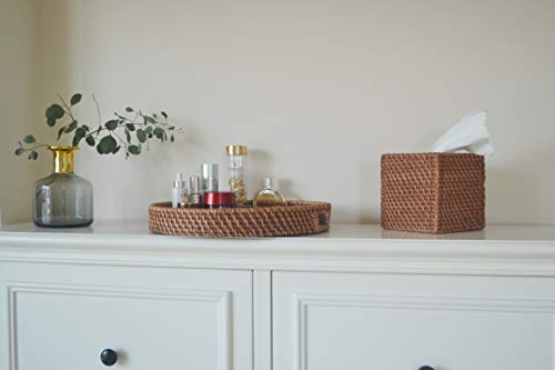 Round Rattan Woven Serving Tray with Handles Ottoman Tray for Breakfast, Drinks, Snacks for Coffee Table, Home Decorative (Honey Brown, 13.8"x2") - size: 13.8"