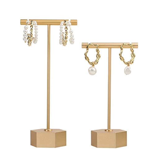 GemeShou Gold Metal 2pcs T Bar Earring Retail Display Stand for show, Tabletop Jewelry Tower Holder for Girl Women【Gold-Hexagon Base 2pcs Height 4.5" and 5.3"】 - color: A3/Gold Hexagon Base 2pcs Height 4.5" and 5.3"