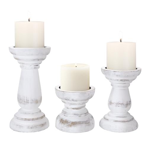 Candle Holder for Pillar Candle Set of 3, Farmhouse Wood Candle Holder, Rustic Wooden Candle Stand, Decorative Wood Candlestick Holders for Living Room, Table Centerpiece (RusticWhite) - color: Rusticbrown, size: Set of 3