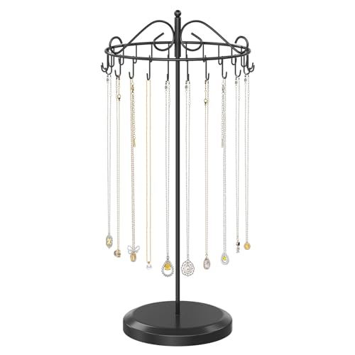 iDavosic.ly Rotating Necklace Holder Organizer with 24 Hooks, Adjustable Metal Bracelet Display Stand Rack, Extra Tall Keychain Spinning Tree Tower for Women, Black - color: Black - 1 Tier